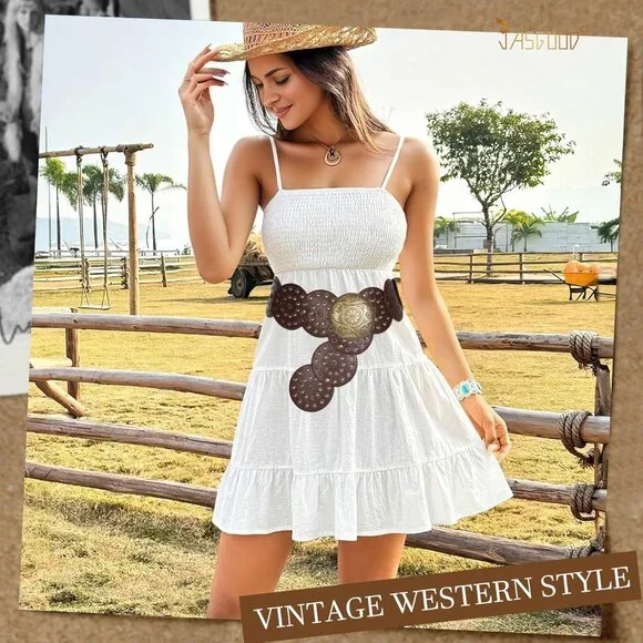 Western Belts for Women Wide Hollow Disc Leather Belt  display picture 3